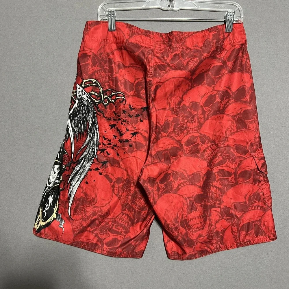 Miami Ink Cargo Shorts Mens 36 Red Skull Grim Reaper Board Swim Trunks Tattoo